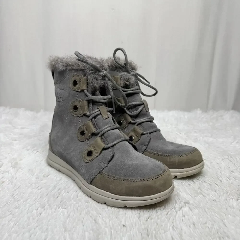 SOREL / gray Explorer Joan waterproof lace up faux fur suede leather boots / 6